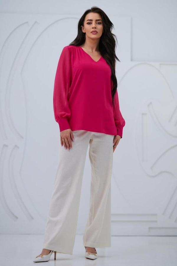 Elegancka bluzka damska z szyfonowym długim rękawem dekolt V mankiety z guzikiem - fuksja